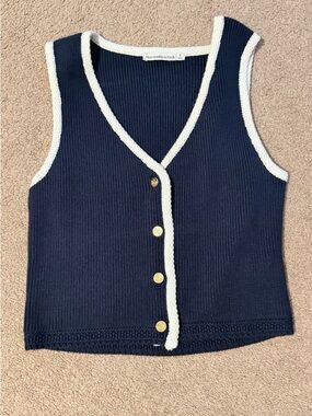 Abercrombie & Fitch Navy Knit Sleeveless V‑Neck Cardigan with Cream Trim